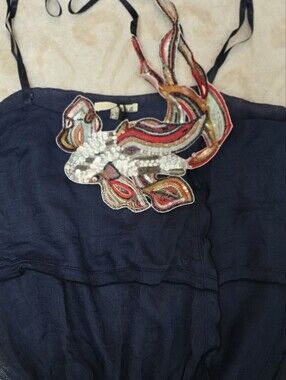 Navy Beaded Halter Tank Top with Colorful Sequin Embellishment